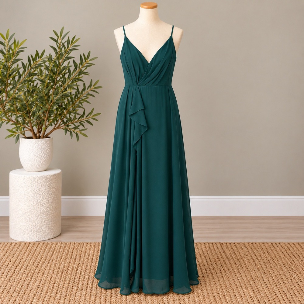 Azazie Maxi Dress Dark Green Chiffon V-Neck Ruffle Bridesmaid Formal Sz 14